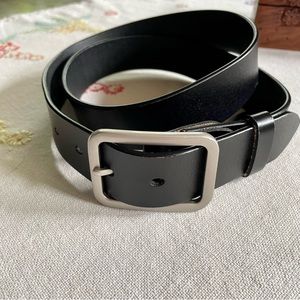 Black Leather Belt with Rectangular Silver Buckle. 40" Long x 1.5" Wide